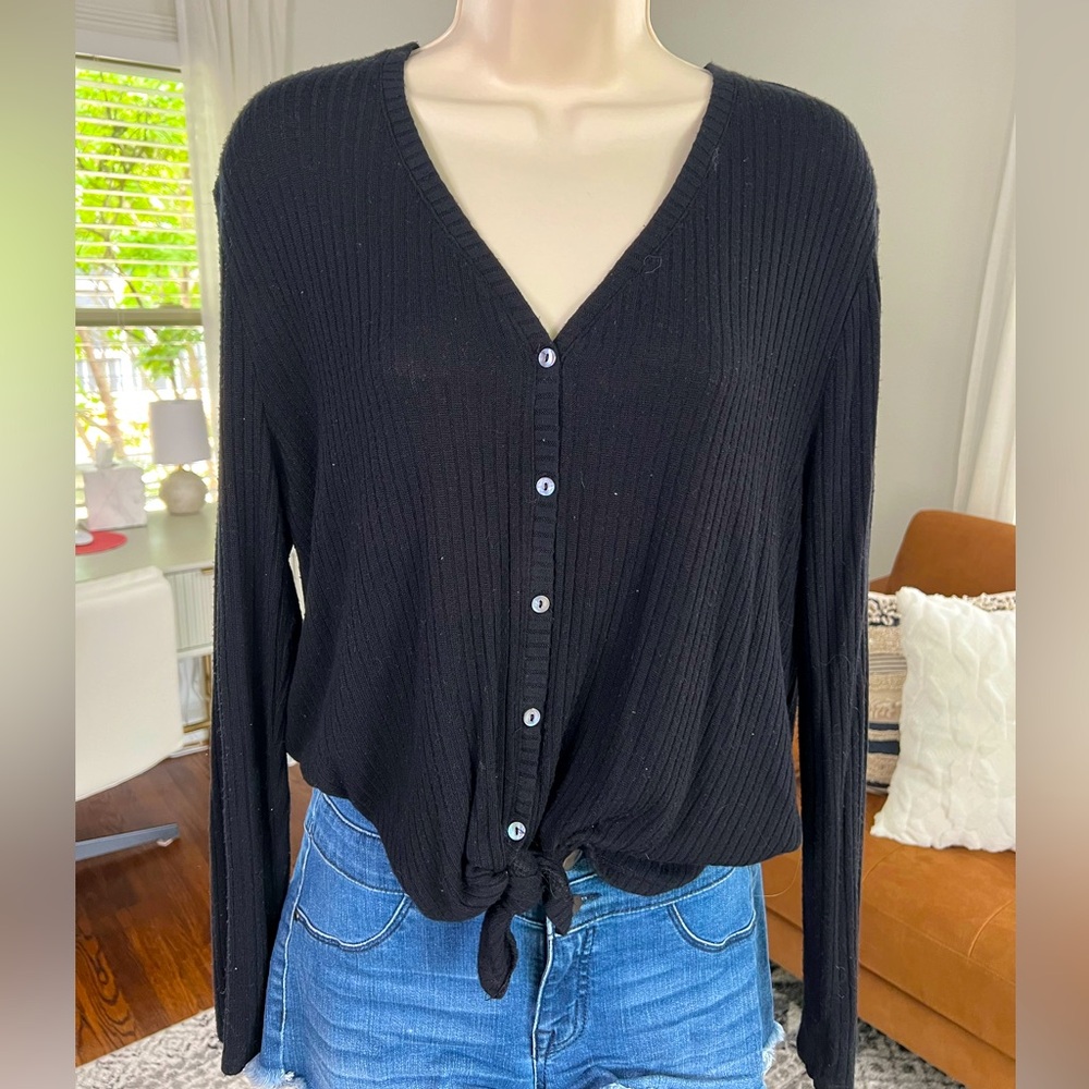 Size medium black sweater / long sleeve top with buttons and tie design